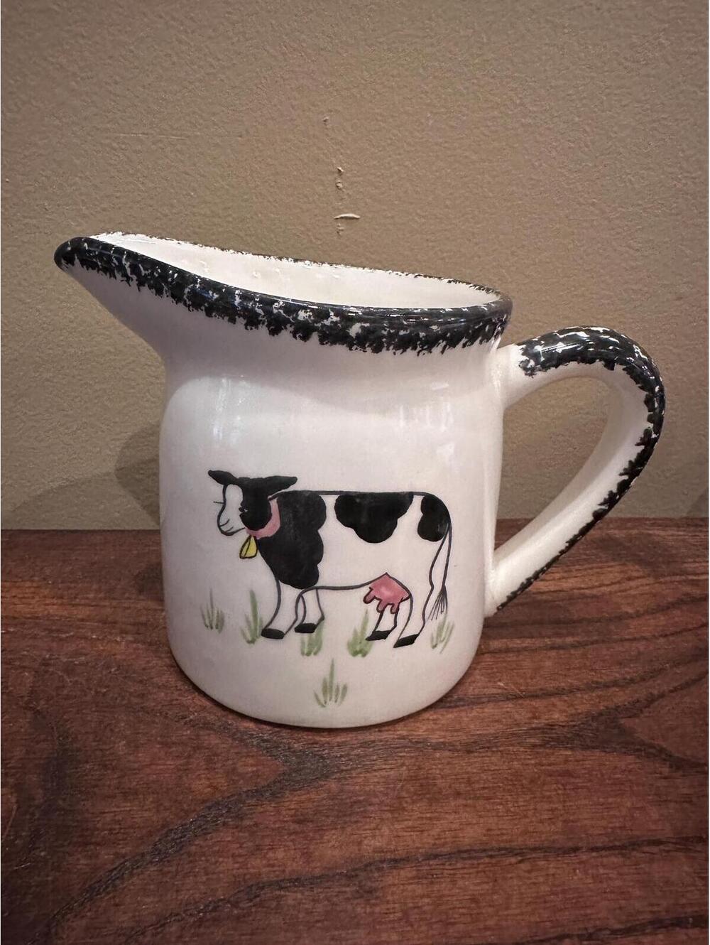 N.S. Gustin White Pitcher Cow Spongeware Trim, Hand Decorated/Painted 32 oz